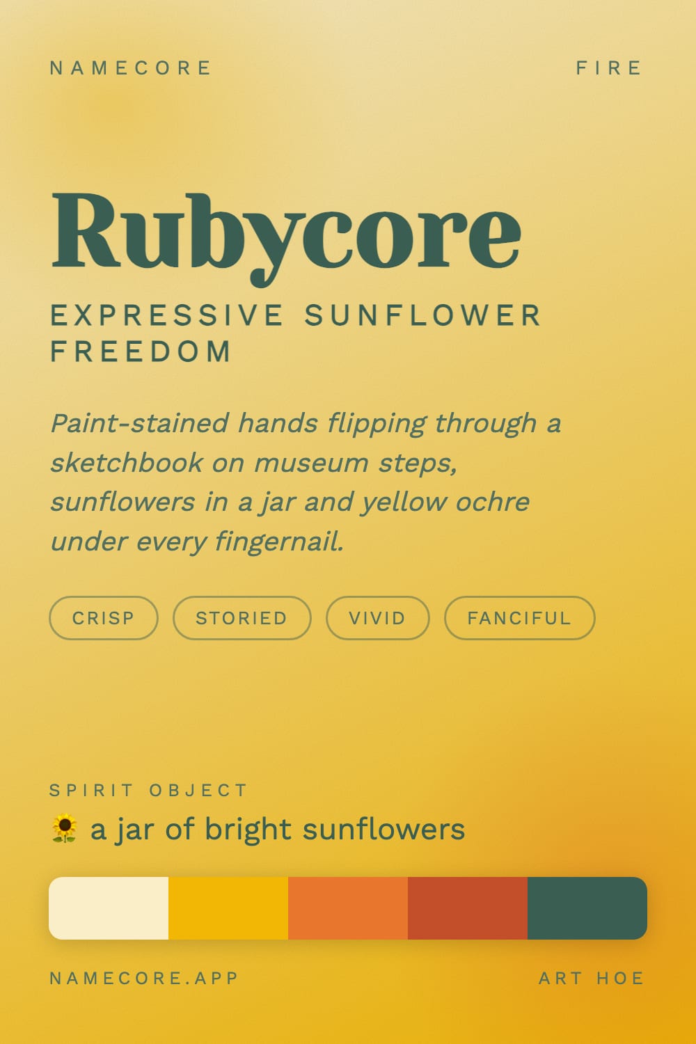 Ruby aesthetic card - Rubycore: a Art Hoe palette, Yeseva One type and a jar of bright sunflowers