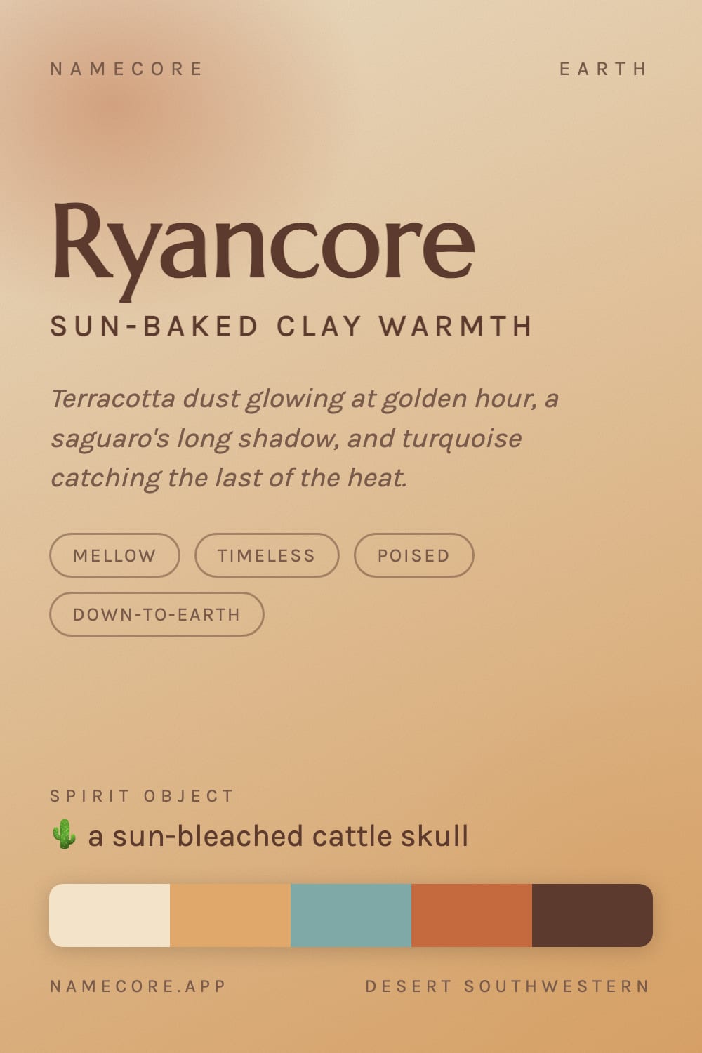 Ryan aesthetic card - Ryancore: a Desert Southwestern palette, Marcellus type and a sun-bleached cattle skull