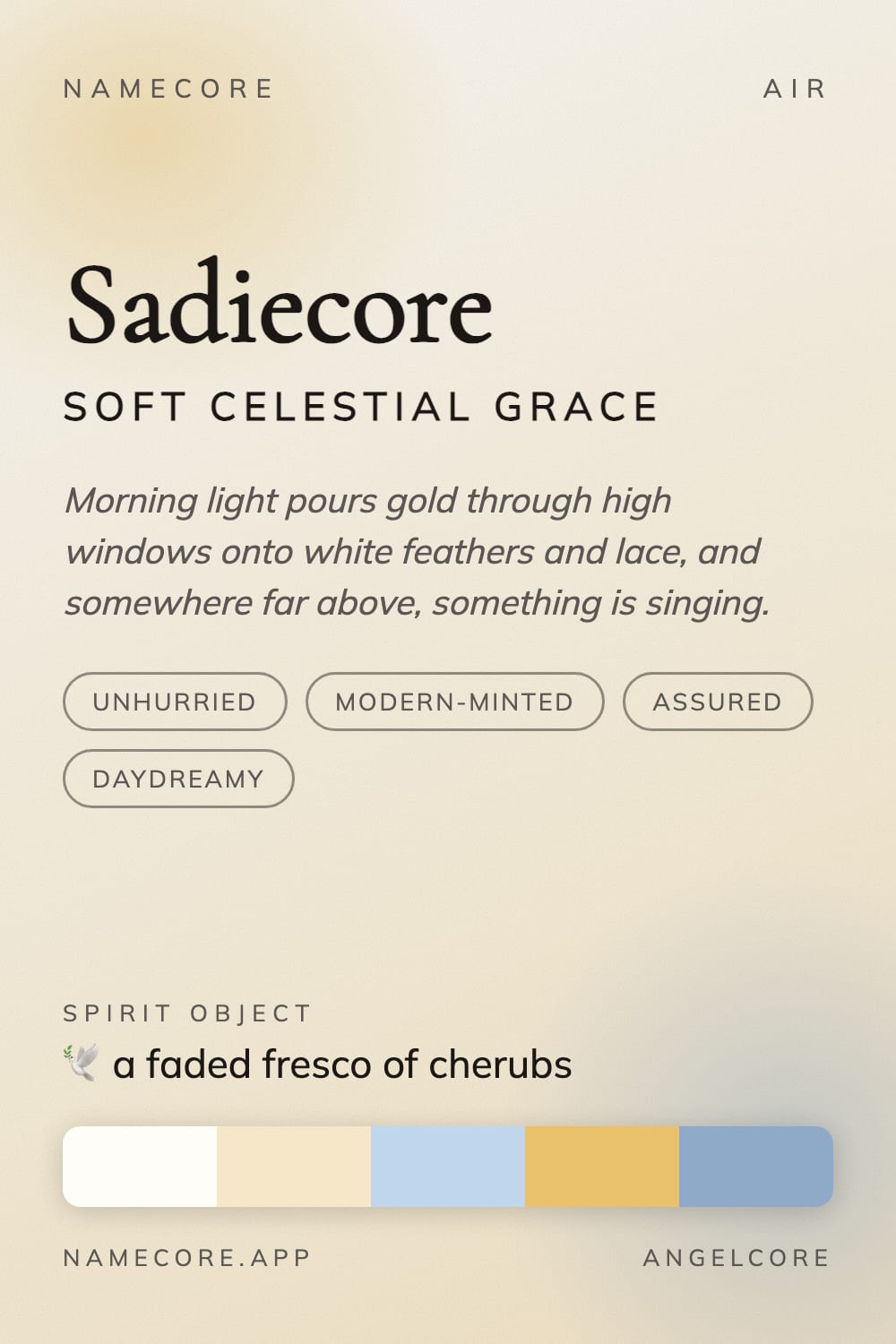 Sadie aesthetic card - Sadiecore: a Angelcore palette, Cormorant Garamond type and a faded fresco of cherubs