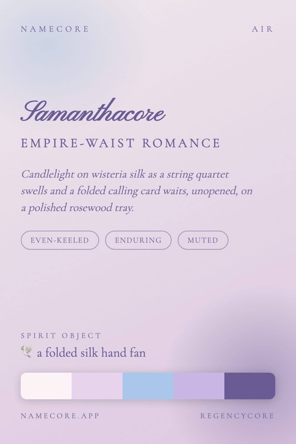 Samantha aesthetic card - Samanthacore: a Regencycore palette, Pinyon Script type and a folded silk hand fan