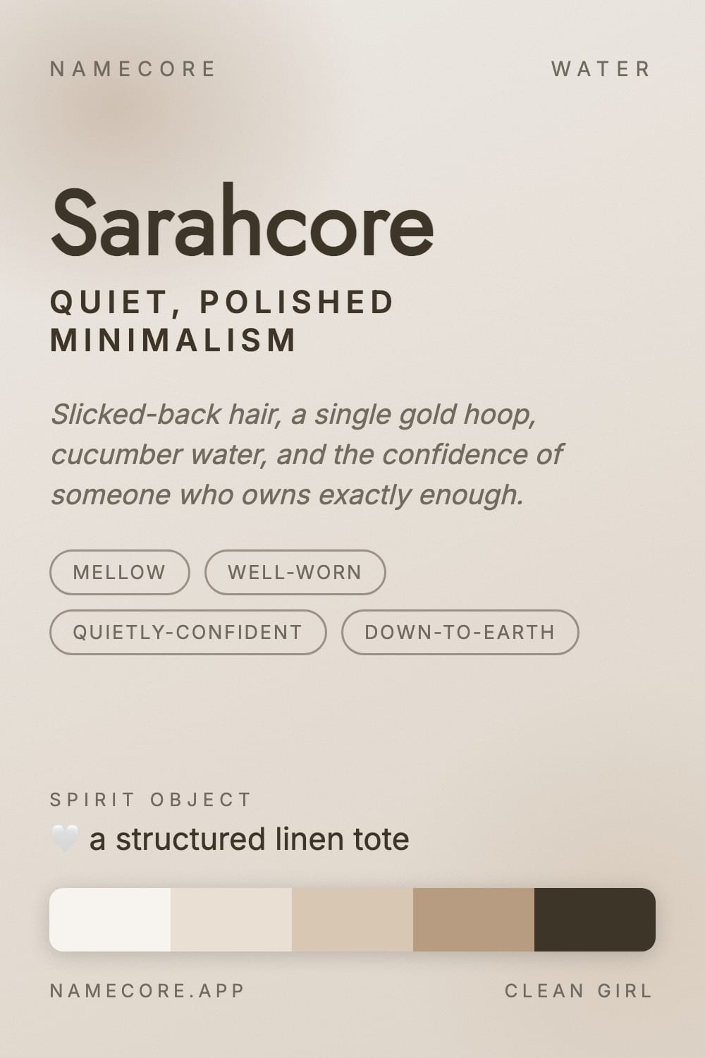Sarah aesthetic card - Sarahcore: a Clean Girl palette, Jost type and a structured linen tote