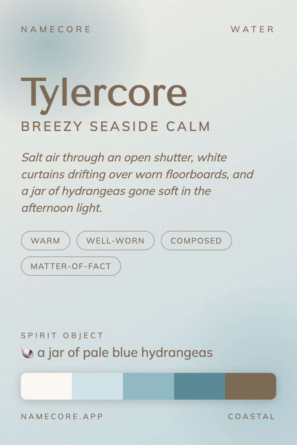 Tyler aesthetic card - Tylercore: a Coastal palette, Tenor Sans type and a jar of pale blue hydrangeas