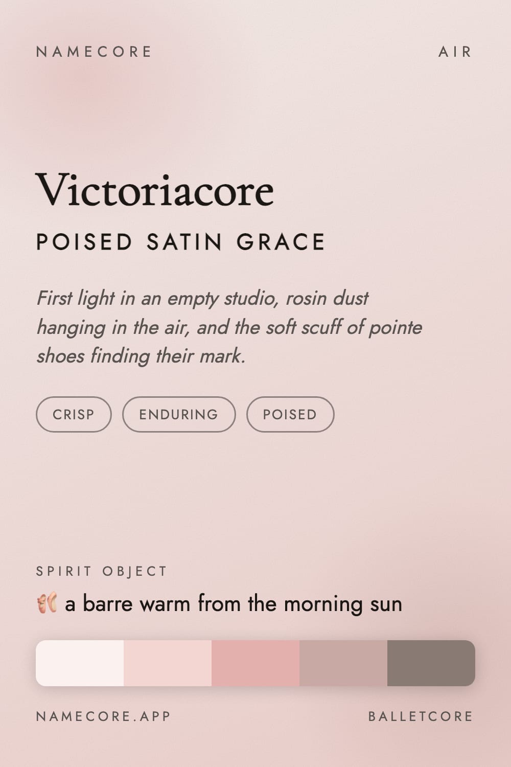 Victoria aesthetic card - Victoriacore: a Balletcore palette, Cormorant Garamond type and a barre warm from the morning sun