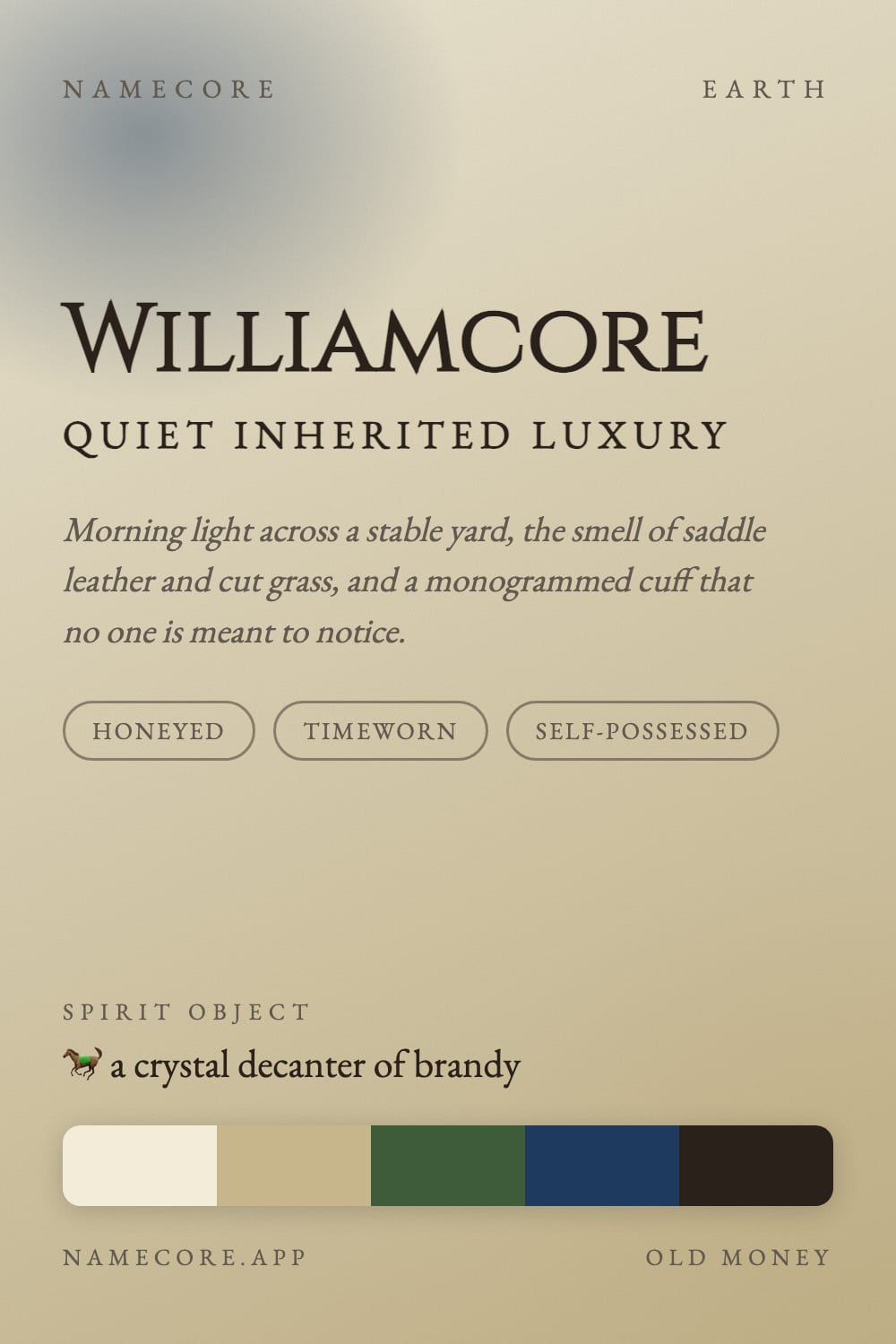 William aesthetic card - Williamcore: a Old Money palette, Cinzel type and a crystal decanter of brandy