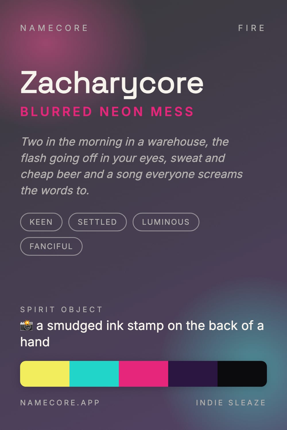 Zachary aesthetic card - Zacharycore: a Indie Sleaze palette, Space Grotesk type and a smudged ink stamp on the back of a hand
