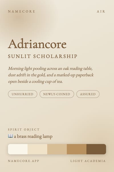 Adrian aesthetic card in the Light Academia palette