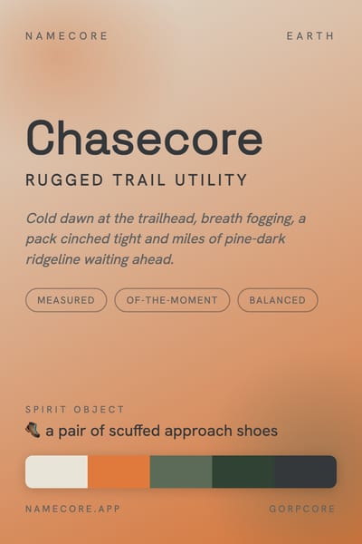 Chase aesthetic card in the Gorpcore palette