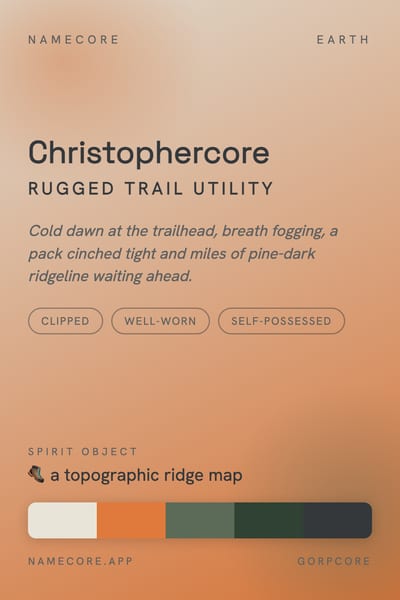 Christopher aesthetic card in the Gorpcore palette