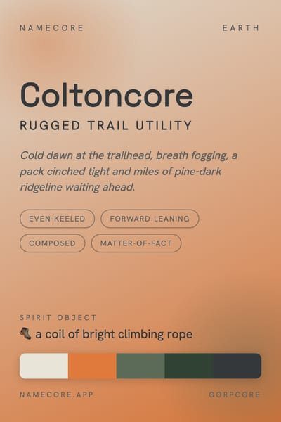Colton aesthetic card in the Gorpcore palette