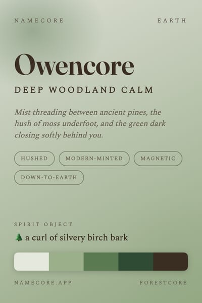 Owen aesthetic card in the Forestcore palette