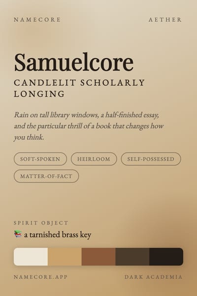 Samuel aesthetic card in the Dark Academia palette
