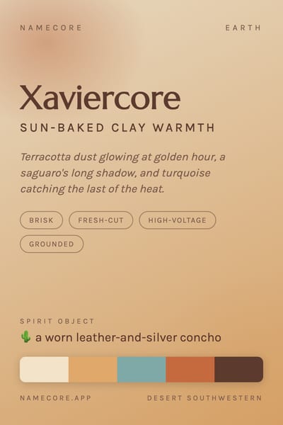 Xavier aesthetic card in the Desert Southwestern palette